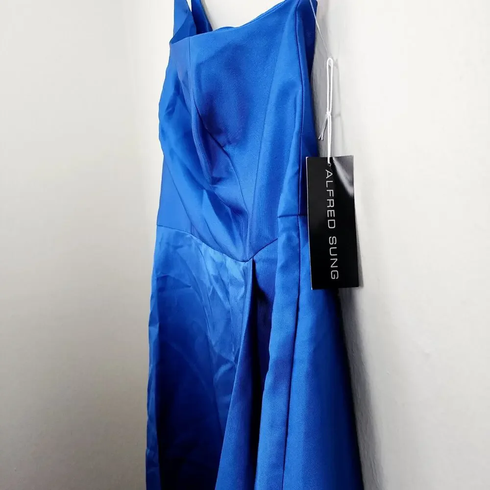 Alfred Sung One Shoulder High Low Satin Gown Classic Blue NWT Size 14 D831 Gown - Picture 6 of 13